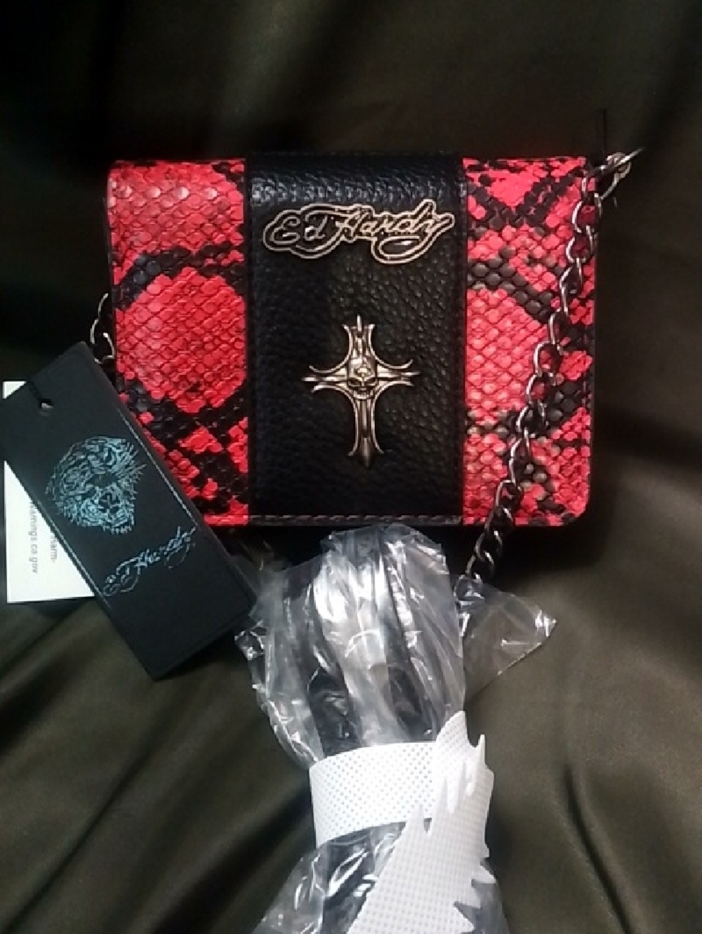 Ed Hardy Red and Black Snakeskin Cross Chain Wallet